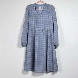 ICHI Ixmara Midi Dress Womens Sz 36 Small Blue Grid Print Long sleeve Boho